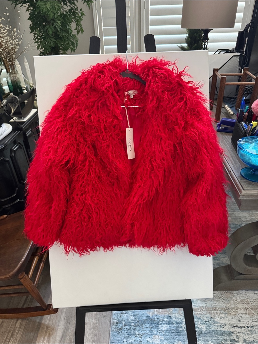 Astrid Red shaggy faux fur jacket NWT